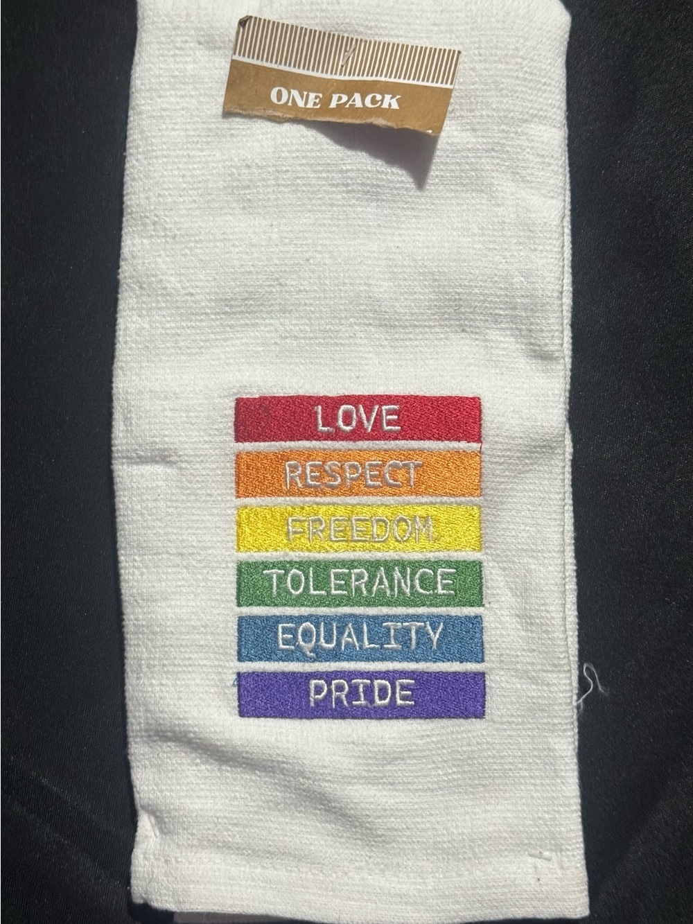 White Embroidered Rainbow Message Kitchen Towel - LOVE RESPECT FREEDOM